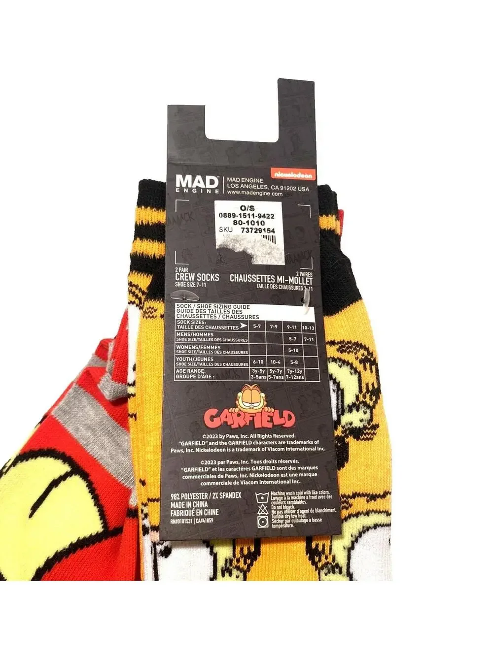Garfield & Odie Cartoon Crew Socks 2-Pack, Red & Orange Graphic, One Size, New